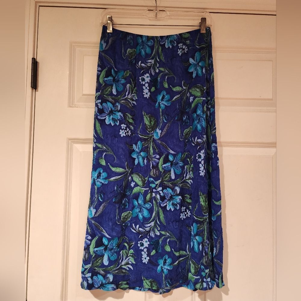 C.M. Shapes vintage blue and green floral stretchy midi skirt